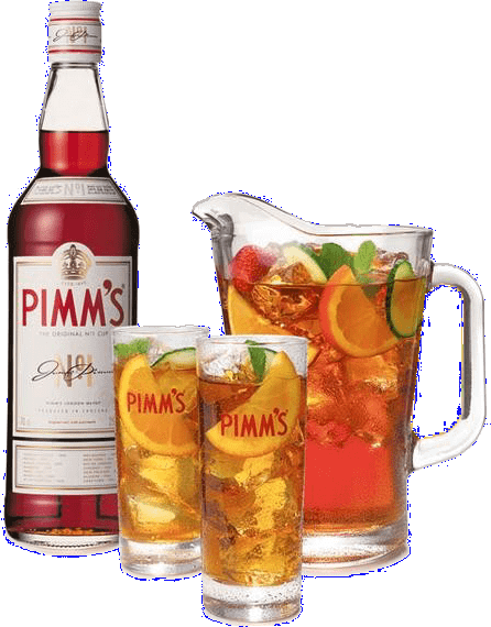 a bottle of Pimms with glasses